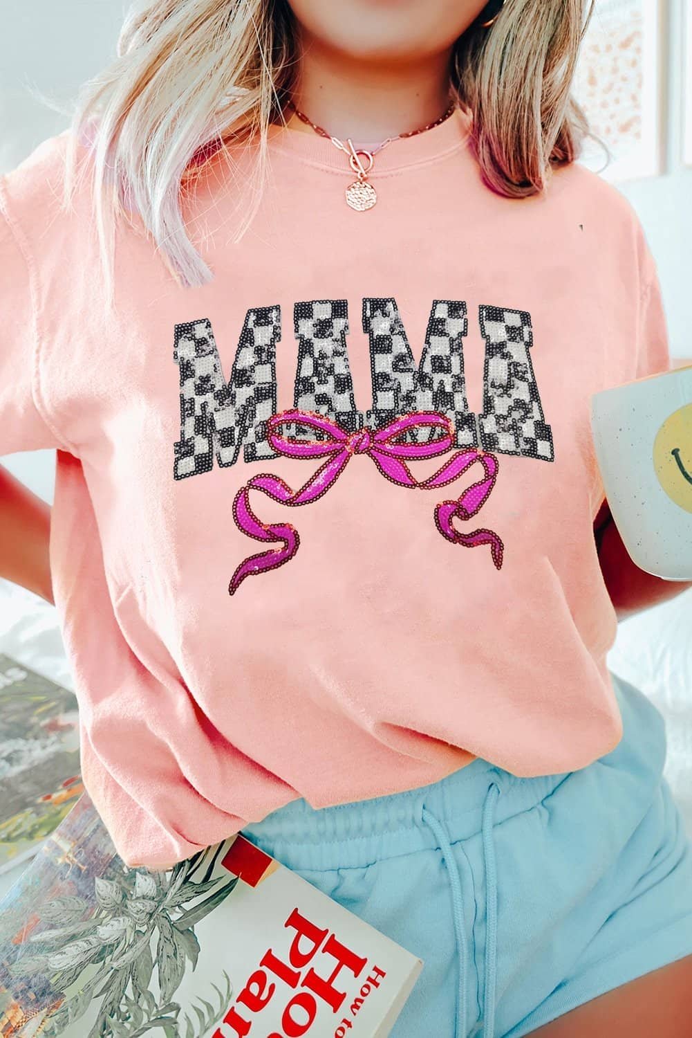 Pink Sequin Checkered Mama Bow Graphic T Shirt