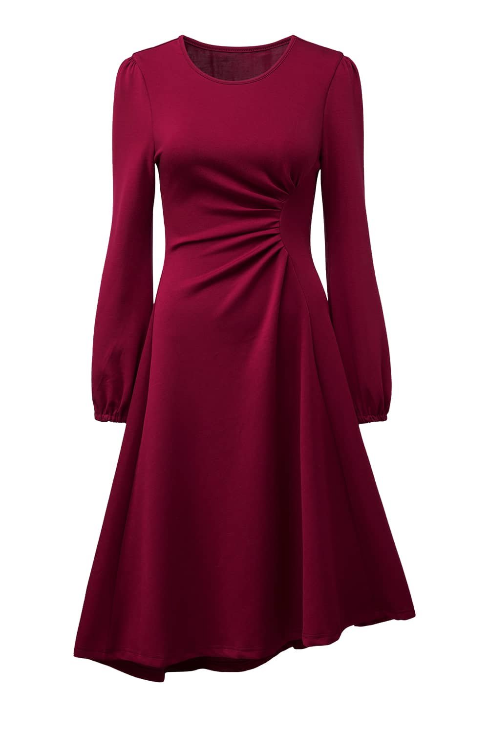 Burgundy Solid Color Ruched Detail Long Sleeve Midi Dress