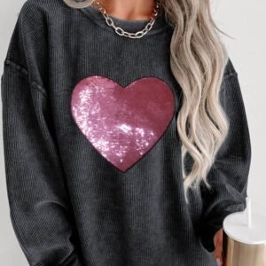 Black Sequin Heart Shaped Crewneck Corded Sweatshirt