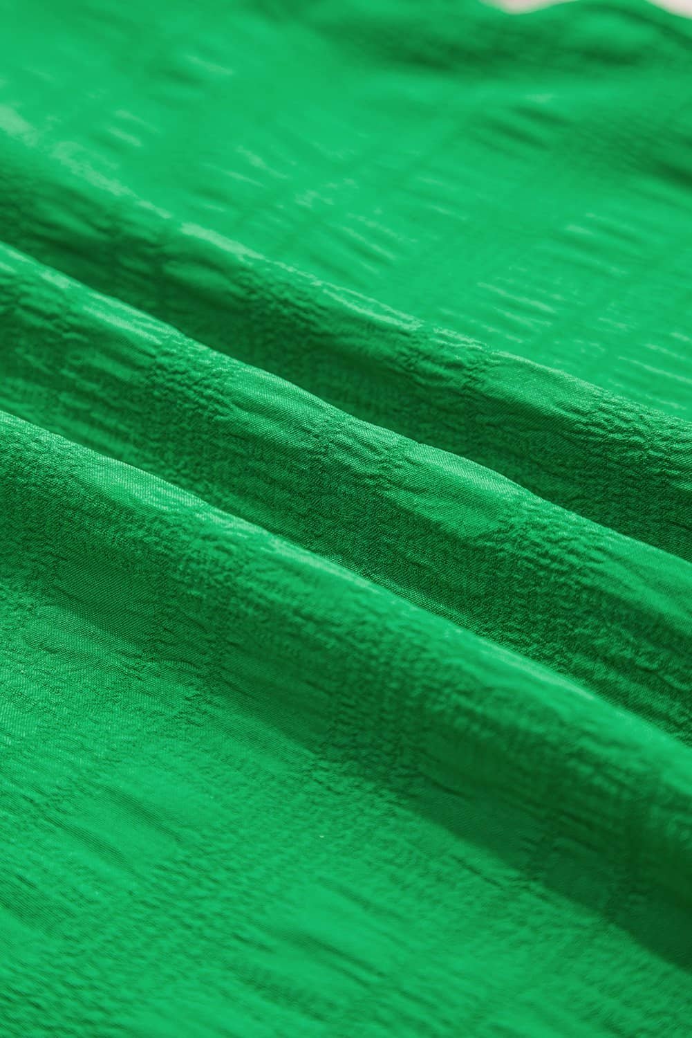 Dark Green Textured Ruffled Sleeve Round Neck Top