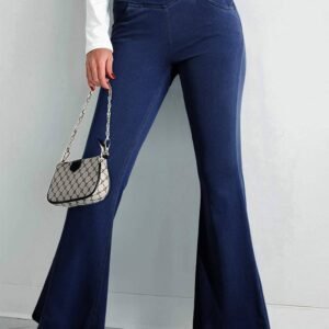 Dusk Blue Solid Crossed Waist High Elastic Fit Flare Knit Jeans