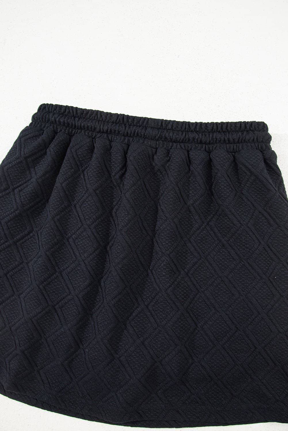 Color Black Striped Collared Zip Up Textured Skirt Set