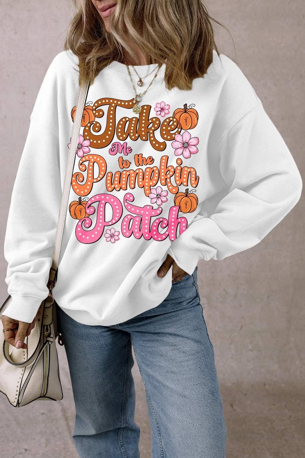 White Take Me To The Pumpkin Patch Floral Halloween Sweatshirt