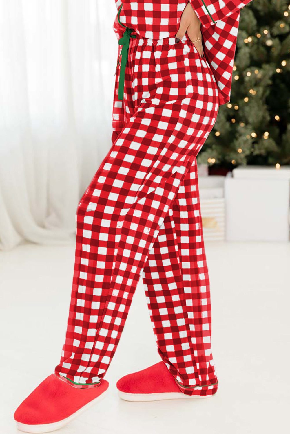Fiery Red Christmas Plaid Print Shirt And Pants Pajama Set