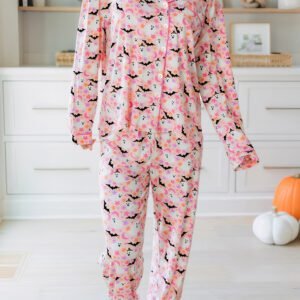 Pink Halloween Eve Haunted Honey Bat Print Pajama Set