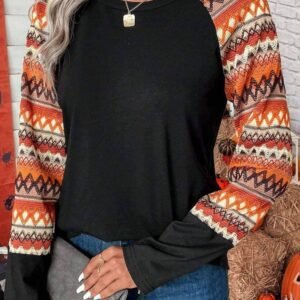 Orange Geo Print Raglan Patchwork Long Sleeve Tee