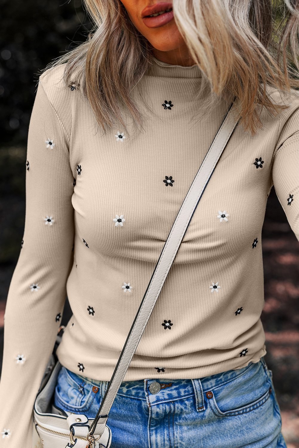 Jet Stream Floral Embroidered Detail Ribbed Long Sleeve Top