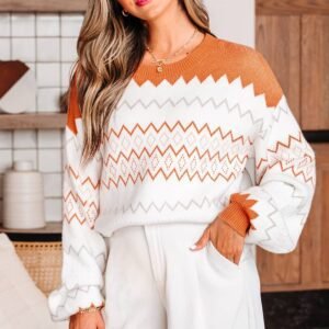 Khaki Zigzag Geometric Pattern Knitted Pullover Sweater