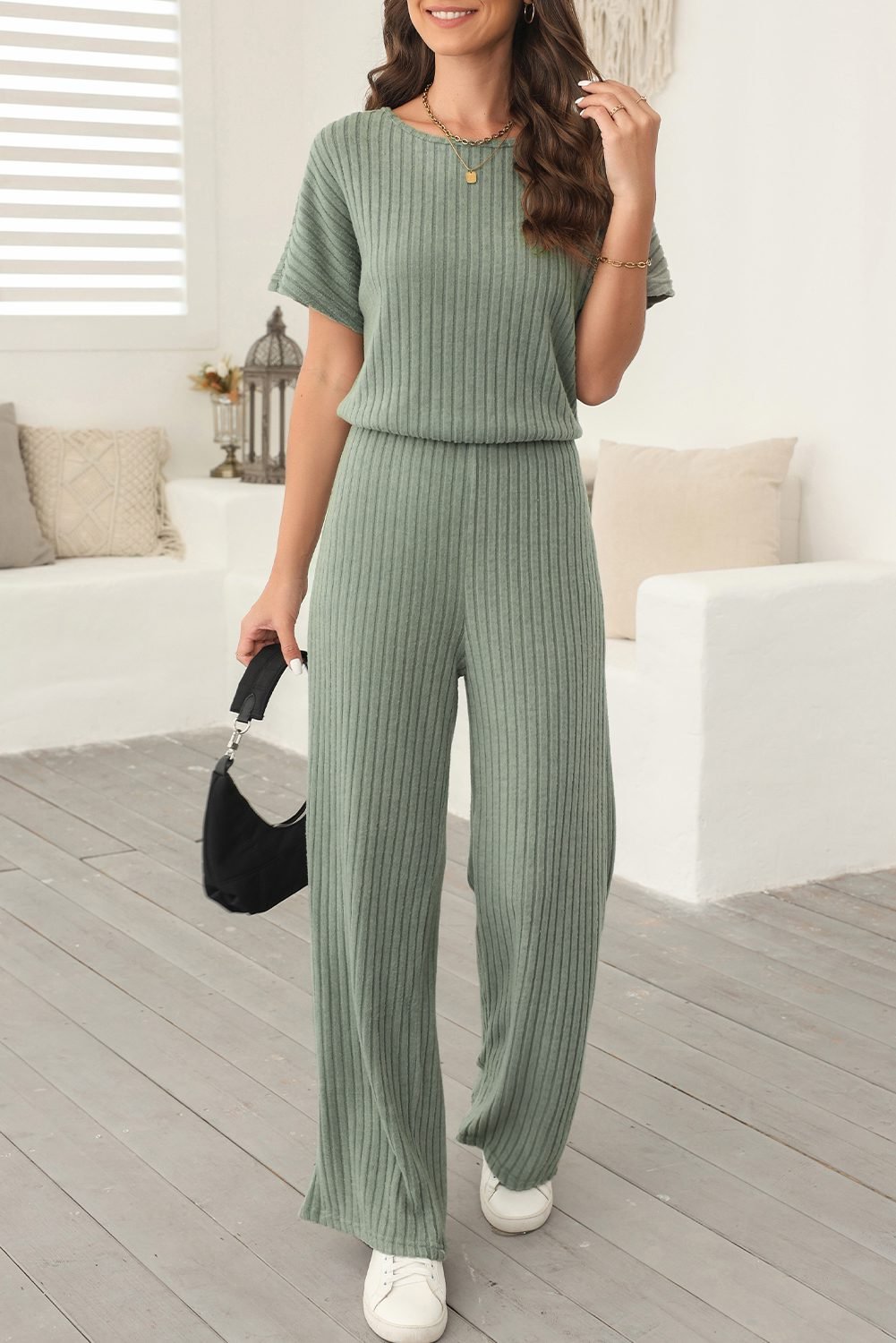 Laurel Green Ribbed Keyhole Short Sleeve Wide Leg Jumpsuit