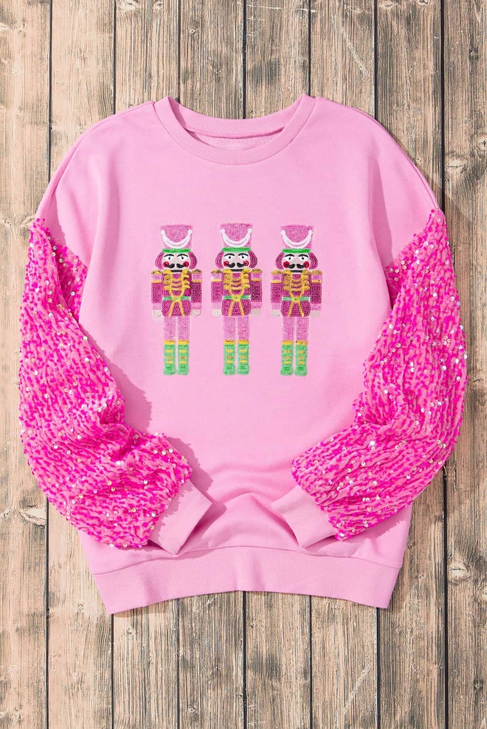 Pink Christmas Nutcracker Graphic Sequin Sleeve Sweatshirt
