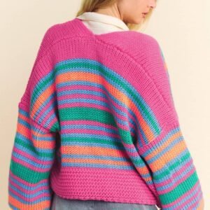 Rose Stripe Colorful Puff Sleeve Drop Shoulder Loose Cardigan