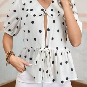 White Polka Dot Collared Lace Up Font Puff Sleeve Peplum Top
