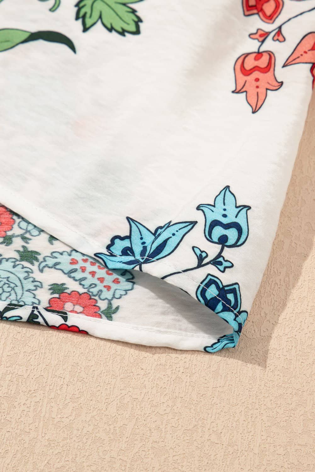 White Floral Print Contrast V Neck Tassel Tie Lace Detail Short Sleeve Blouse