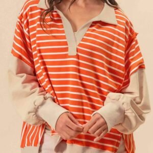 Orange Stripe Color Block Loose Fit Collared Drop Shoulder Sweatshirt