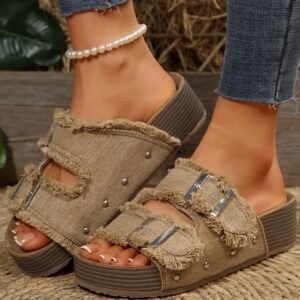 Pale Khaki Double Buckle Straps Hollow Out Frayed Detial Retro Slippers