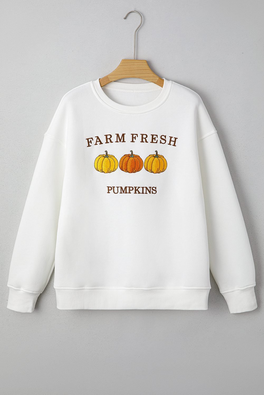 White Farm Fresh Pumpkins Embroidered Graphic Thanksgiving Holiday Sweatshirt