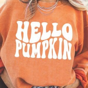 Orange Hello Pumpkin Letter Graphic Corded Sweatshirt