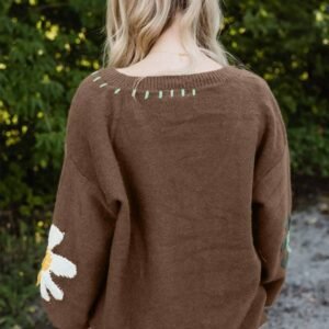 Coffee Big Flower Pattern V Neck Drop Shoulder Sweater