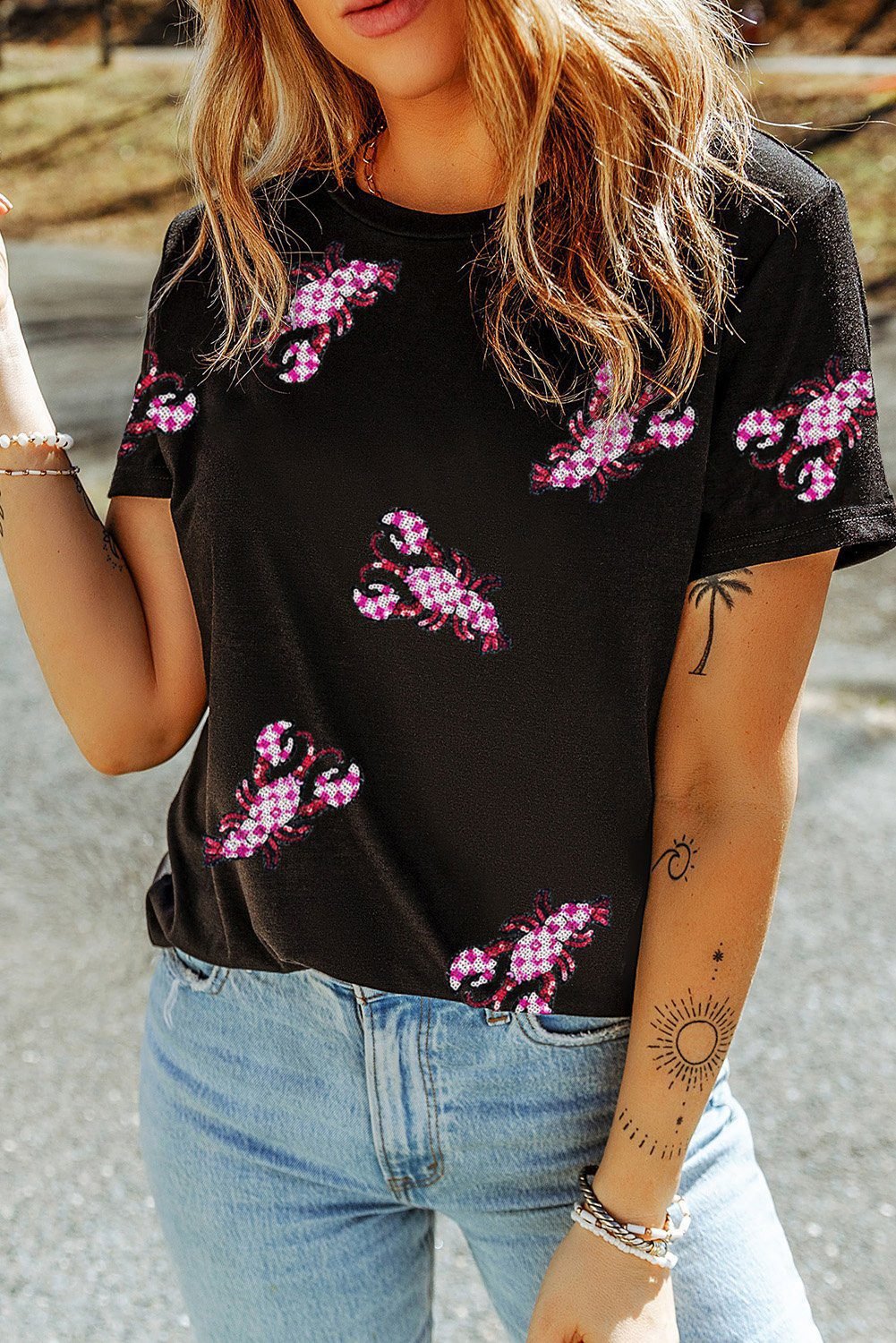 Black Sequin Crawfish Patched Crew Neck Tee