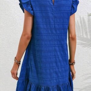 Dark Blue Textured Flutter Sleeve Ruffled Mini Dress