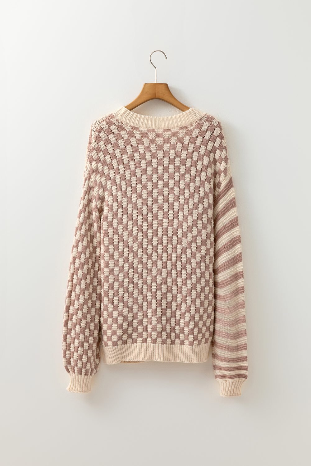Khaki Stripe Checkerboard Drop Shoulder Balloon Sleeve Sweater