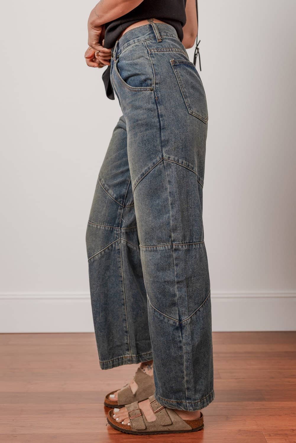 Sail Blue Exposed Stitching Loose Straight High Waist Jeans