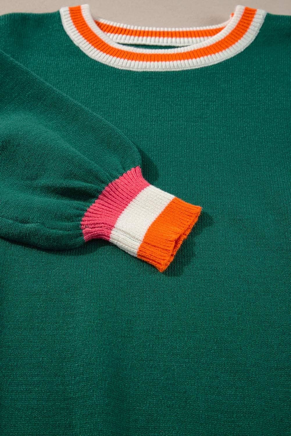 Blackish Green Colorblock Striped Trim Drop Shoulder Sweater