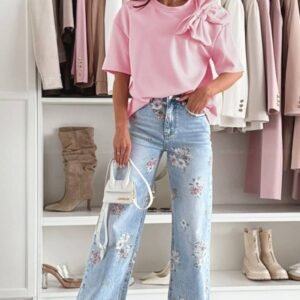 Pink Bow Applique Half Sleeve T-Shirt