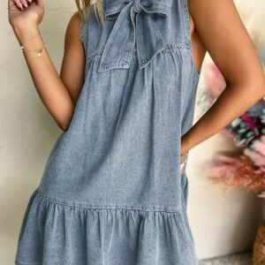 Real Teal Bowknot Neck Sleeveless Ruffled Chambray Dress