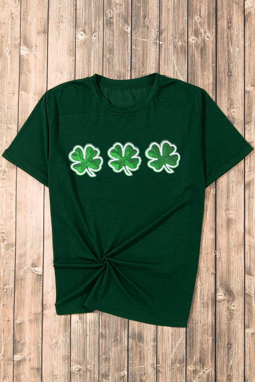 Green St Patrick Clover Patch Sequin Graphic T-Shirt