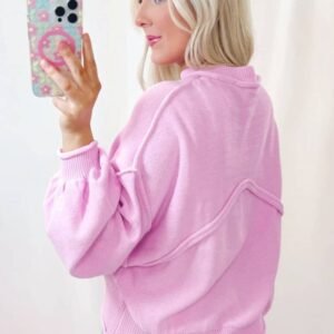 Pink Raw Edge Ribbed Detail Drop Shoulder Sweater