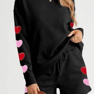 Black Heart Patch Long Sleeve Top And Shorts Textured 2Pcs Set