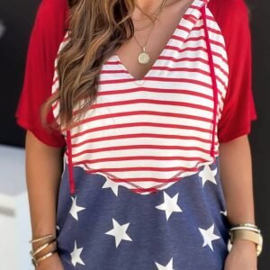 Fiery Red Stars And Stripes Print Drawstring Hooded T Shirt