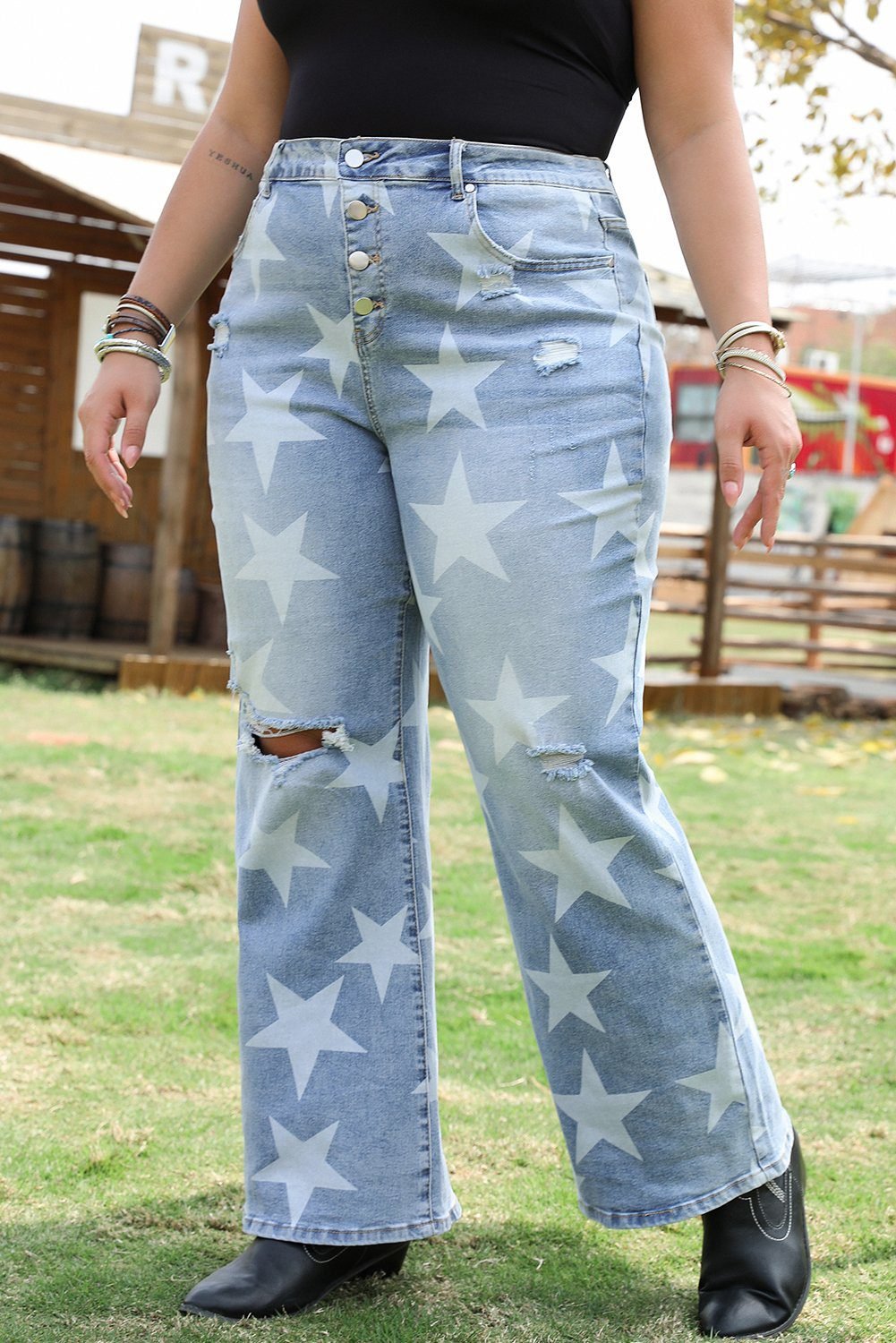 Sky Blue Star Printed Multi Buttons Slit Knee Destroyed Plus Size Jeans