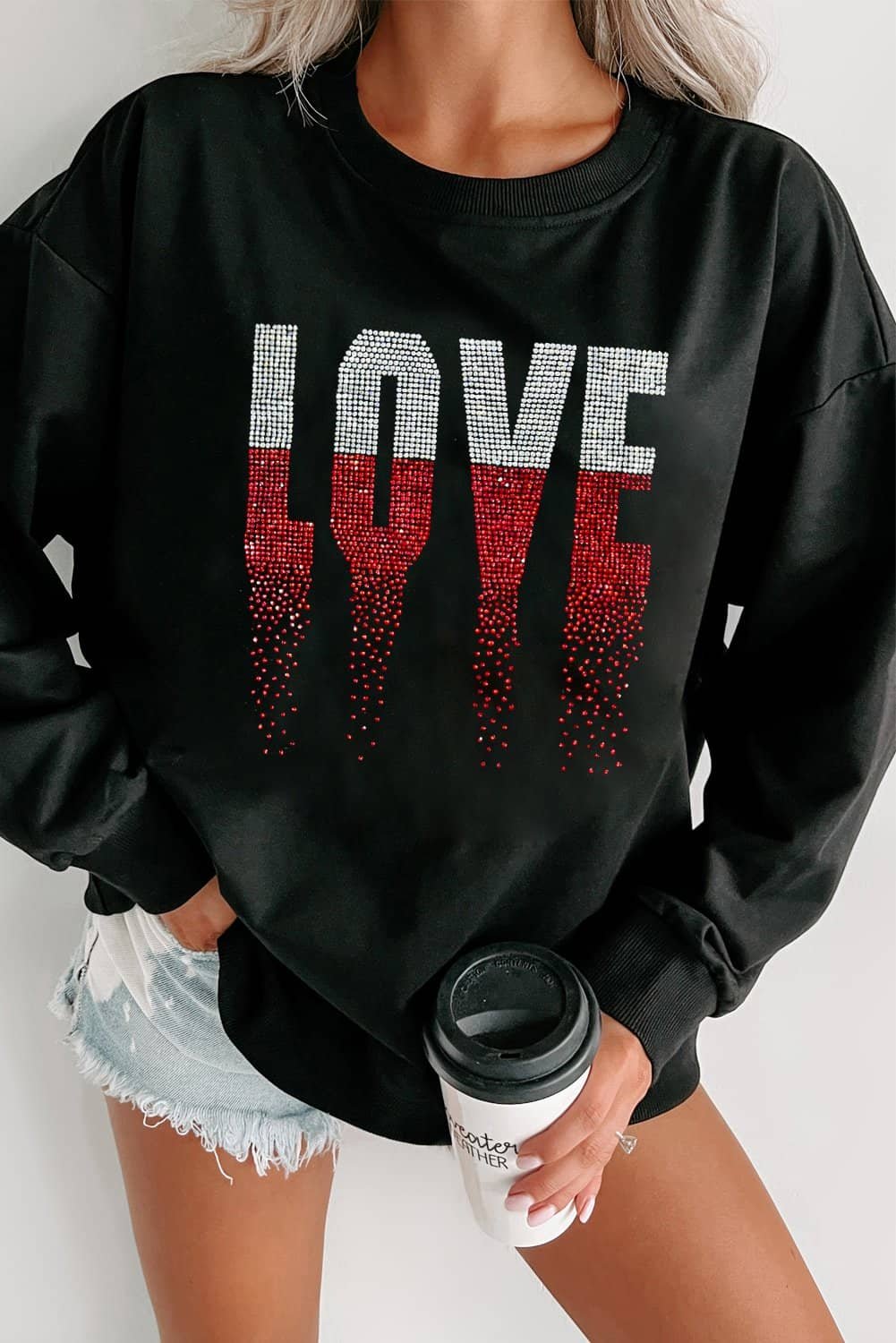 Black Rhinestone Love Graphic Crewneck Valentines Sweatshirt