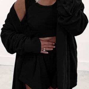 Black 3 Pcs Crop Tank Top Shorts With Cardigan Lounge Set