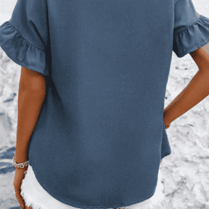 Real Teal Solid Color Ruffle Ruched Short Sleeve Buttoned Shirt