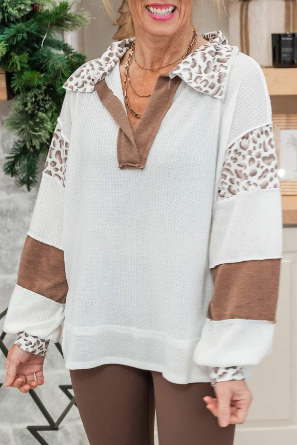 White Leopard Patchwork Turn-Down Collar Waffle Top