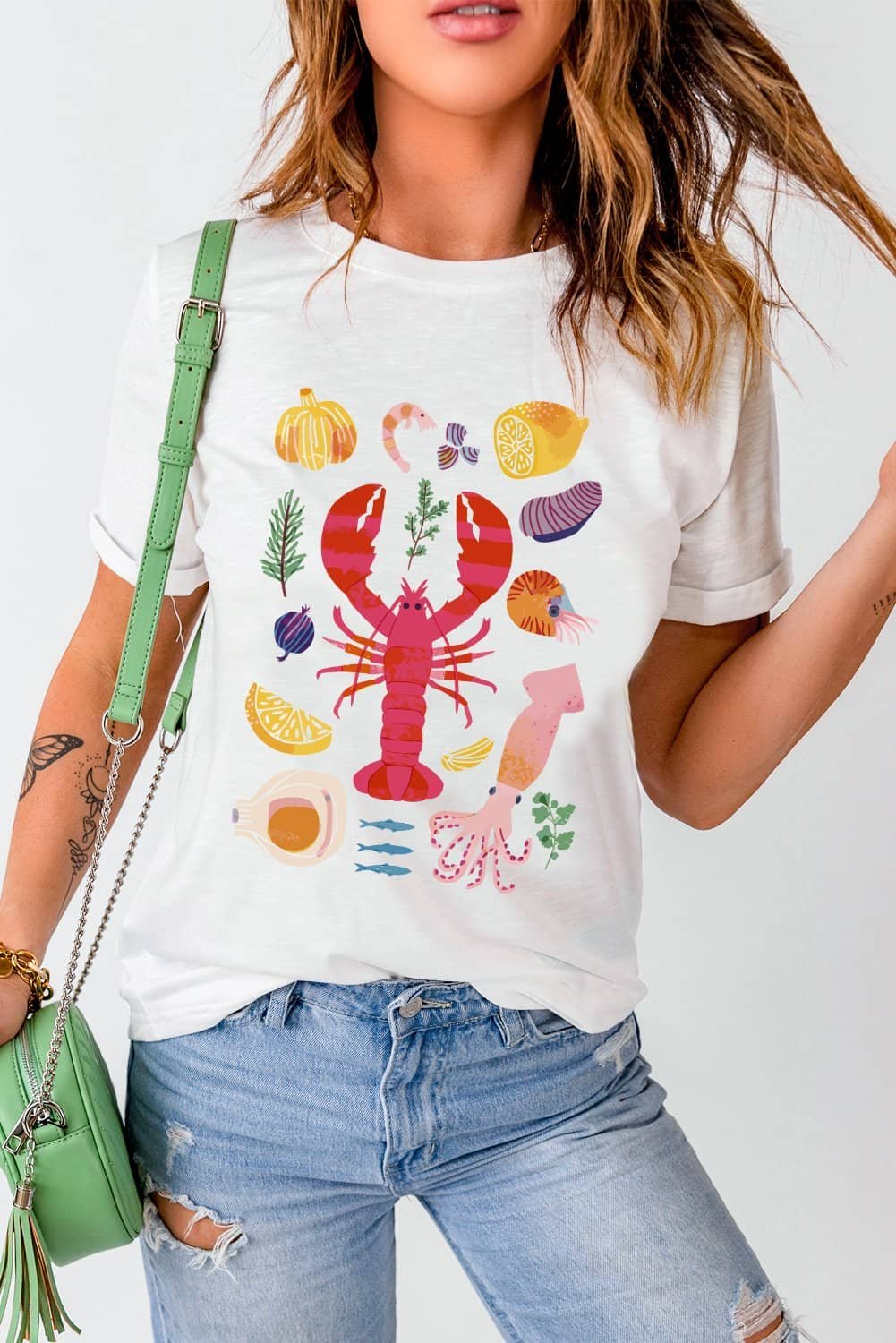 White Crawfish Food Ingredient Graphic Crewneck Tee