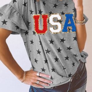 Gray Usa Letter Patched Star Printed Ruffle Trim Sleeves Loose Tee