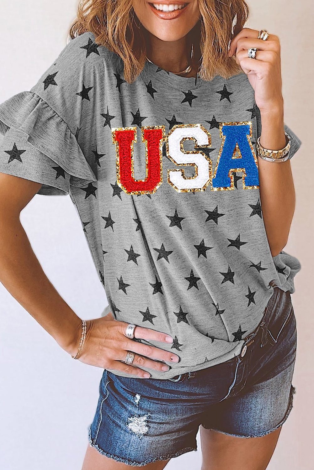 Gray Usa Letter Patched Star Printed Ruffle Trim Sleeves Loose Tee