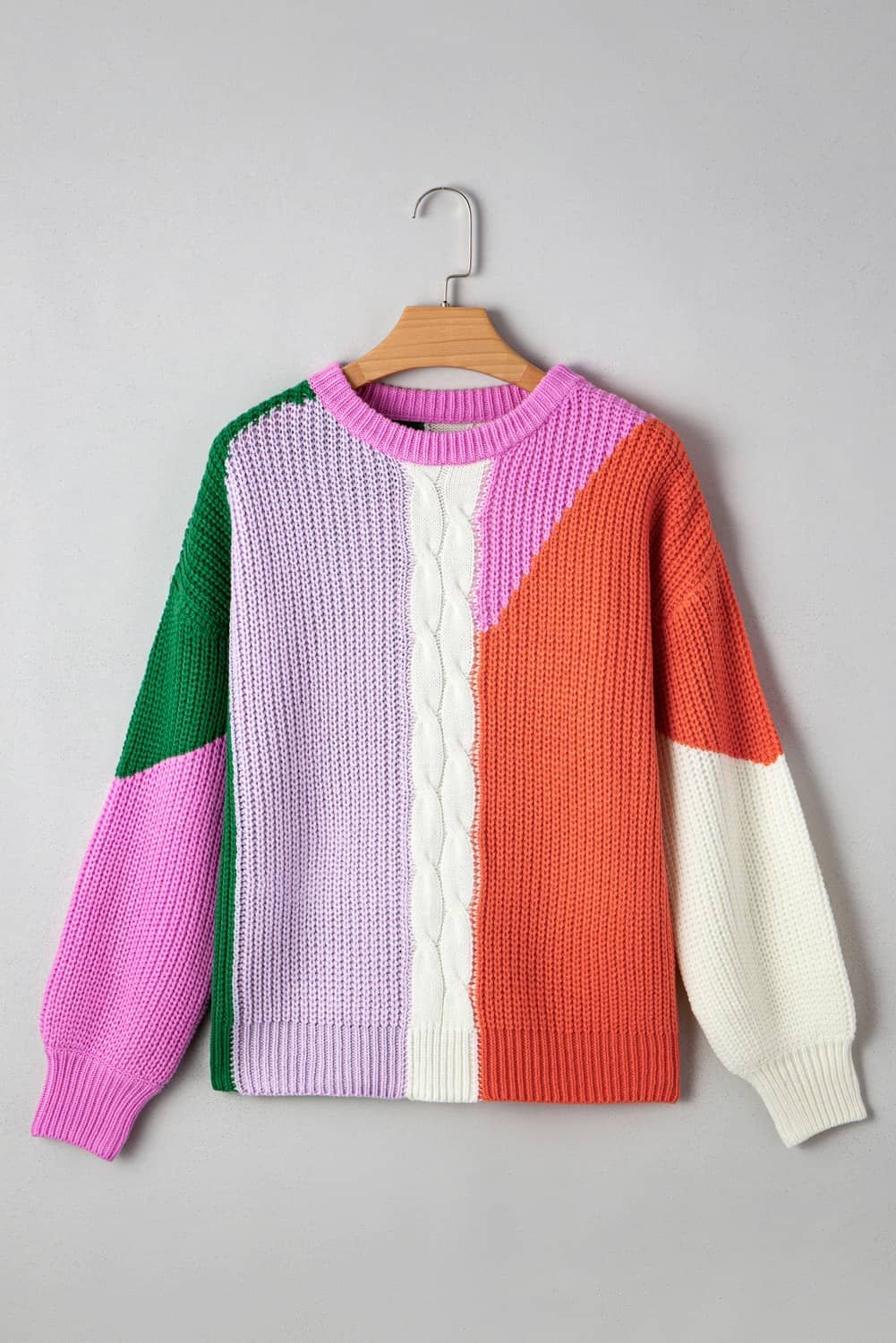 Desert Gold Color Block Textured Knit Drop Shoulder Loose Fit Sweater