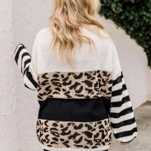 Slouchy Drop-Shoulder Leopard Striped Colorblock Sweater