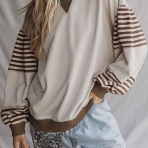 Parchment Striped Colorblock Patchwork Drop Shoulder Sweatshirt