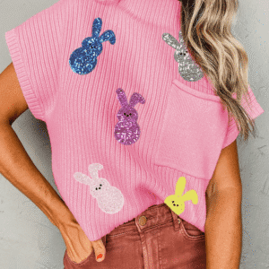 Pink Sequin Bunny Doll Graphic Ribbed High Neck Short Sleeve Sweater