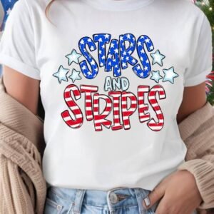 White Stars And Stripes Round Neck Graphic T Shirt