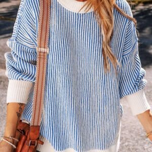 Dark Blue Striped Textured Knit Contrast Edge Loose Sweater
