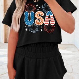 Black Firework Usa Graphic Tee And Smocked Waistband Skort Set