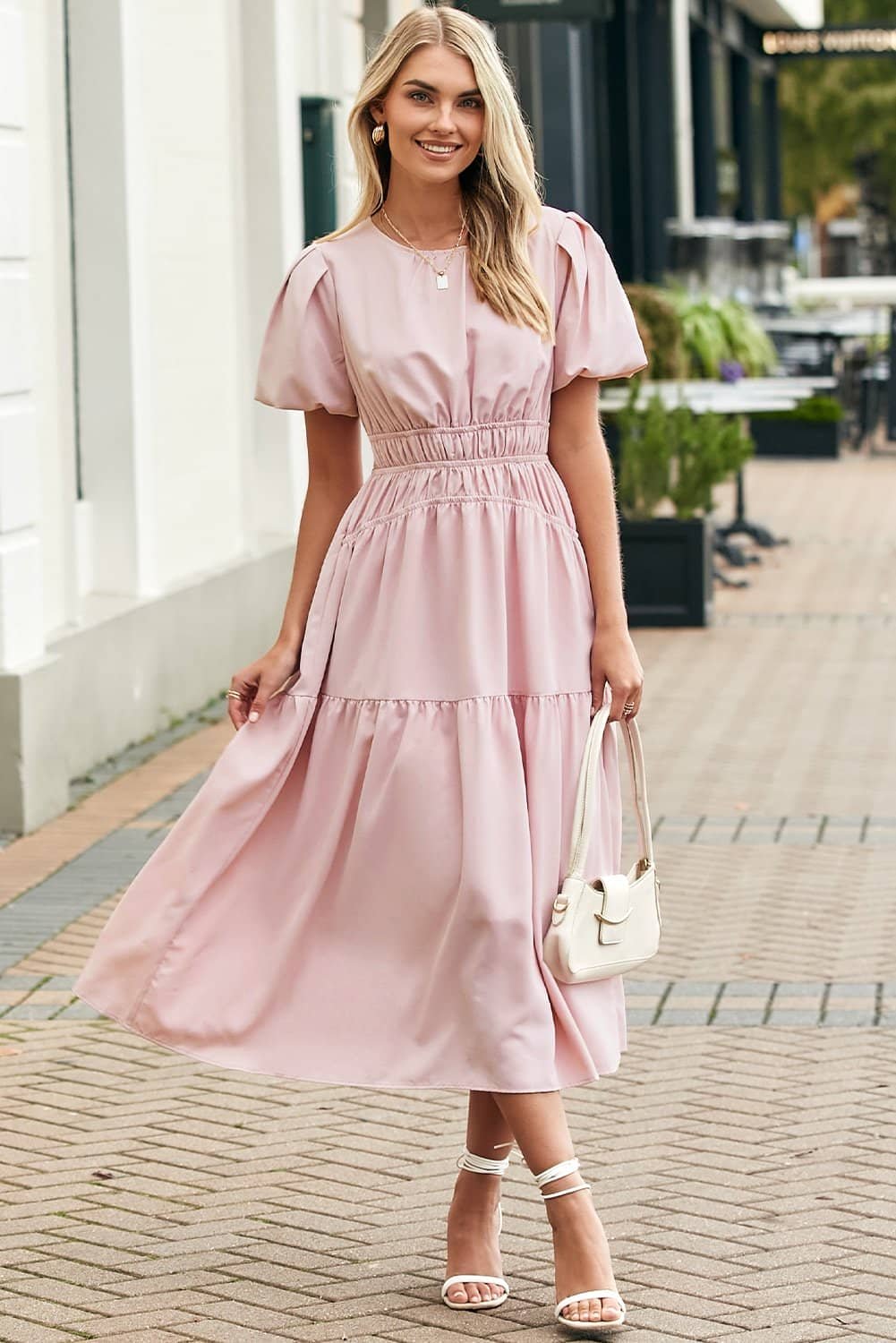 Pink Puff Sleeve Pleated High Waist Flowy Midi Dress