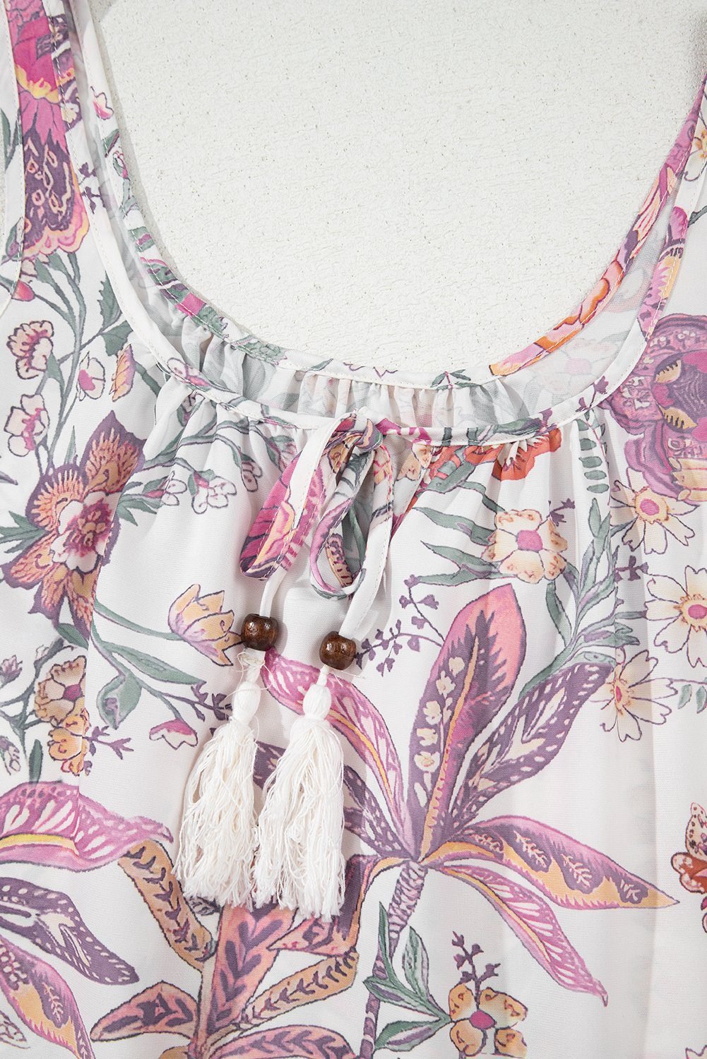 Multicolour Floral Print Fringed Tie U Neck Sleeveless Mini Dress